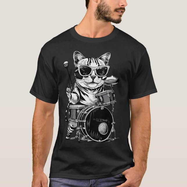 Camiseta Tambor gatinho tocando rock and roll Drum Music (Frente)