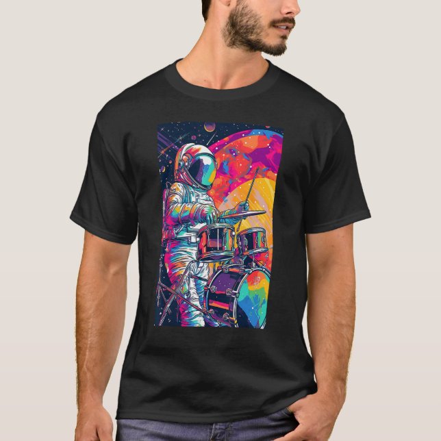 Camiseta Tambor Tocando Astronauta Drummer Espaço do Rapaz  (Frente)