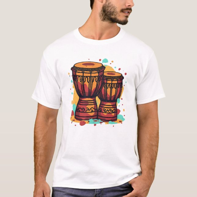 Camiseta Tambores Djembe Gêmeos Coloridos (Frente)