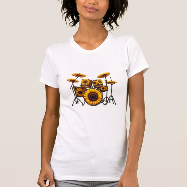 Camiseta Tambores Flor de Girassol Música Musical Floral (Frente)