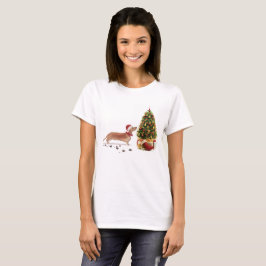 Camiseta Tan Dachshund Engraçado Cachorro de Natal com Árvo