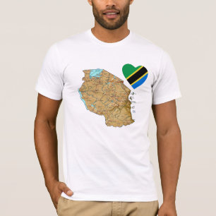 Camiseta Tanzânia Flag Heart and Map T-Shirt