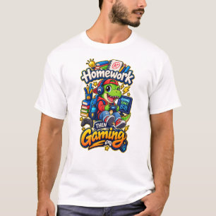 Camiseta Tarefa e Depois Jogos, Dinosauro Gamer Divertido p