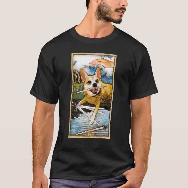 Camiseta Tarot Card Cinco de Espadas e Cachorro Cósmico Grá (Frente)