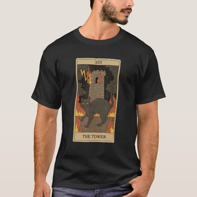 Camiseta Tarot Card The Tower And Cat Cosmic Graphic Cats (Frente)