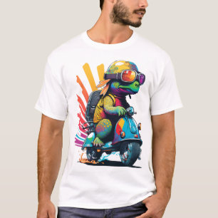 Camiseta Tartaruga Colorida Divertida Em Uma Lambreta