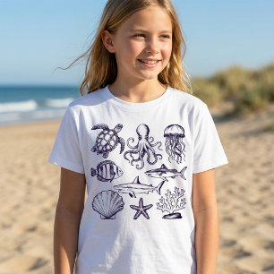 Camiseta Tartaruga de praia de verão Peixe Polvo Tubarão Co