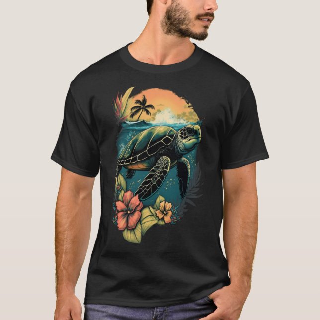 Camiseta Tartaruga do Mar Havaí Tartarugas Hibiscus Flor Ha (Frente)