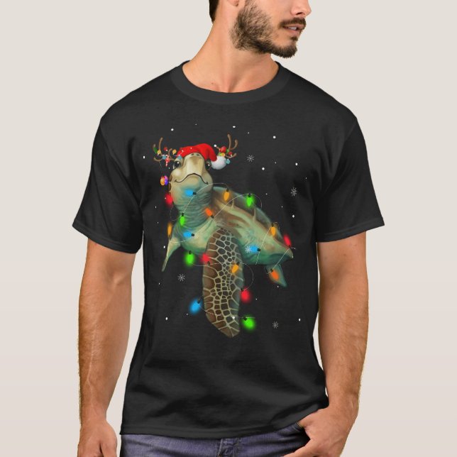 Camiseta Tartaruga do Mar Luzes de Natal Engraçadas Feliz S (Frente)