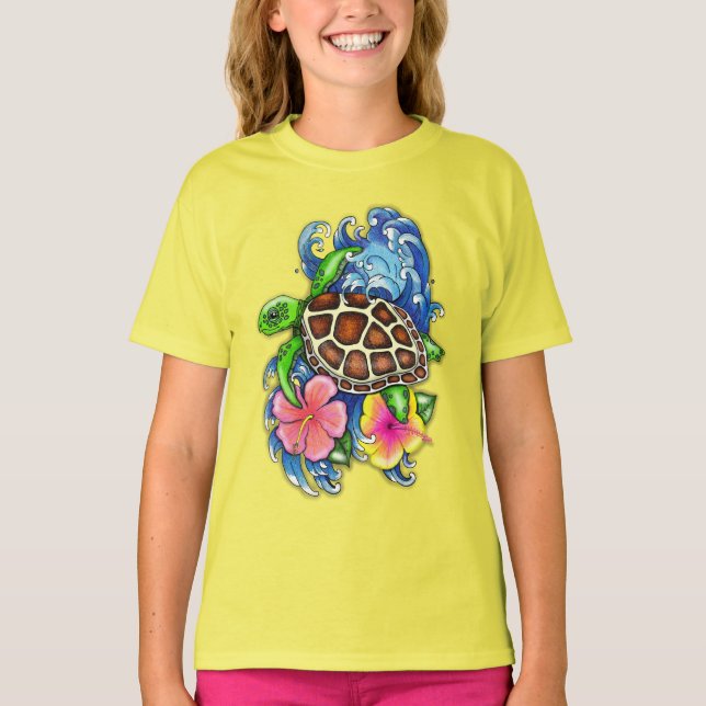 Camiseta Tartaruga do Mar Tropical e Hibiscus (Frente)