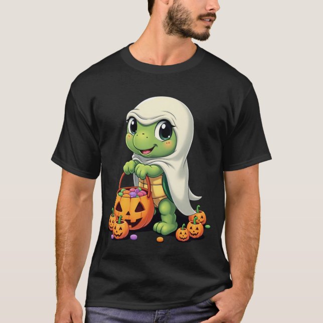 Camiseta Tartaruga Fantasma de Halloween Fofa com Doce (4) (Frente)