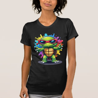 Camiseta Tartaruga Fofa Usando Óculos de Sol Tinta Espalha