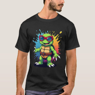 Camiseta Tartaruga Fofa Usando Óculos de Sol Tinta Espalhad