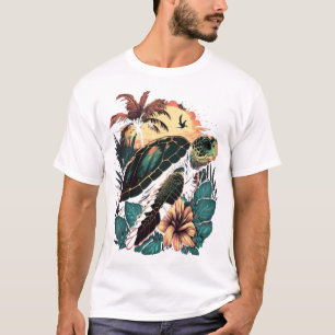 Camiseta Tartaruga Havaiana Tartarugas Marinhas Flor de Hib