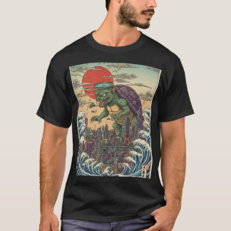 Camiseta Tartaruga Kaiju Sobre o Pôr do Sol de Tóquio