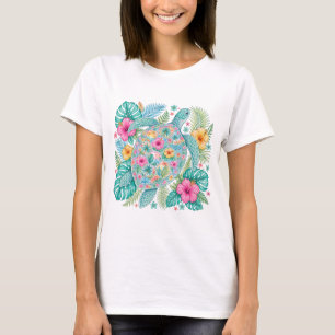 CAMISETA TARTARUGA MARINHA COLORIDA COM FLORES TROPICAIS BO