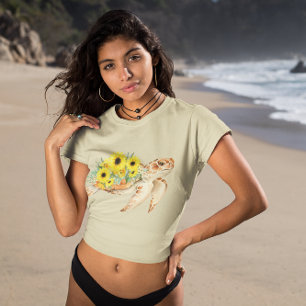 Camiseta Tartaruga Marinha com Girassóis em Aquarela Gráfic