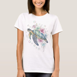 Camiseta Tartaruga Marinha Fantasia com Flores e Bu Perolad