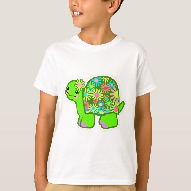 Camiseta Tartaruga verde-branca com casca de flores retrorr (Frente)