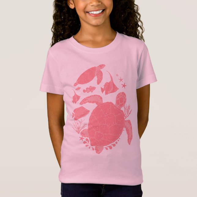 Camiseta Tartarugas rosadas e peixes Impressão (Frente)