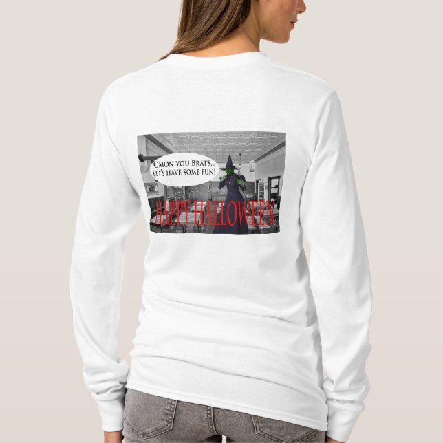 Camiseta tarte de manga comprida, feliz gato de bruxa do ha (Verso)