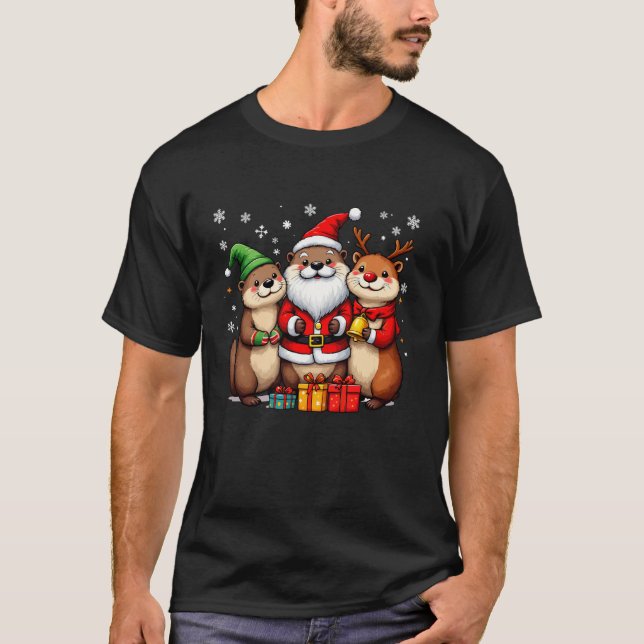 Camiseta Tartes de Natal bonitas em Papais noeis Elf e Rein (Frente)