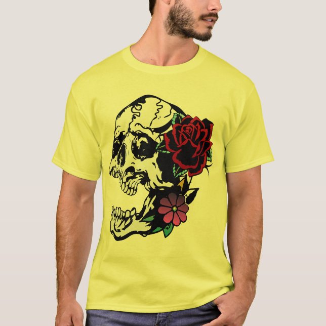 Camiseta tattoo crane rose fleur tete de mort old school ta (Frente)