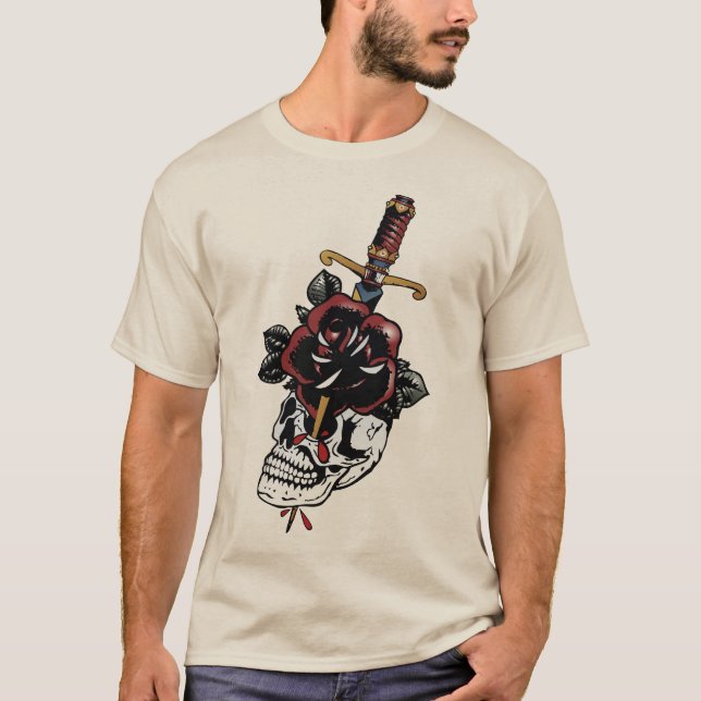 Camiseta tattoo crane tete de mort dague old school fleur r (Frente)