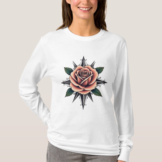 Camiseta Tattoo Style Rose Compass T-Shirt Design (Frente)