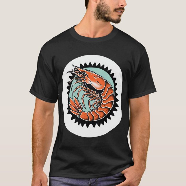 Camiseta Tatuagem Clássica Flash Shrimp T-Shirt (Frente)