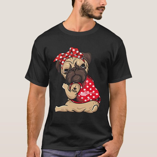 Camiseta Tatuagem de Cão Pug Eu Amo Mamãe (Frente)