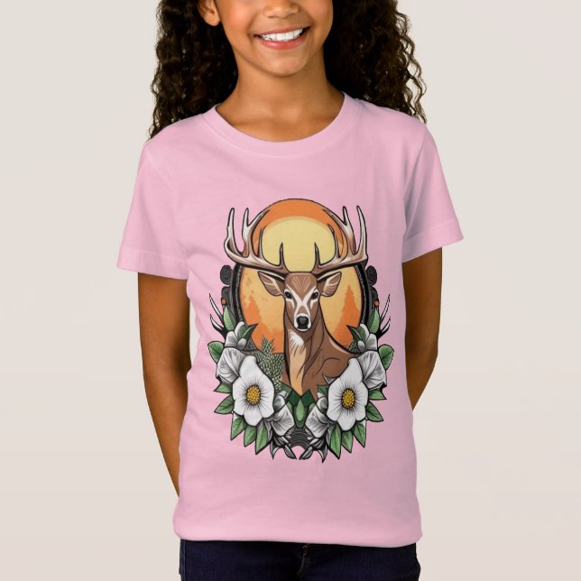 Camiseta Tatuagem De Cartoon Arte De Veado Com Georgia Rosa (Frente)