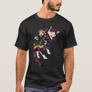 Camiseta Tatuagem de Gato Borboleta e Flor em Xilogravura J