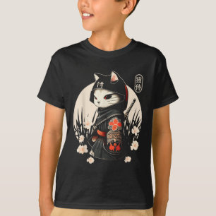 Camiseta Tatuagem de Gato Samurai Japonês, Kawaii Ninja Cat