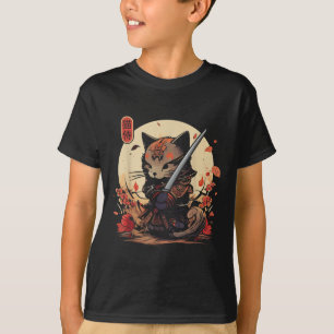 Camiseta Tatuagem de Gato Samurai Japonês, Kawaii Ninja Cat