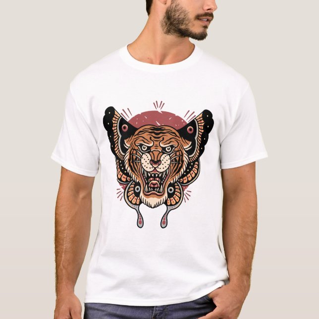 Camiseta Tatuagem de tigre-borboleta design T-Shirt (Frente)