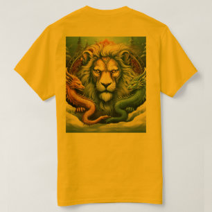 Camiseta tatuagem design um leão e o dragão sobre a neve