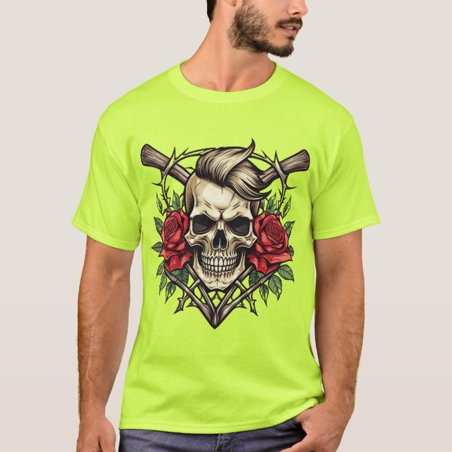 Camiseta Tatuagem do crânio "Rock & Rosa" (Frente)