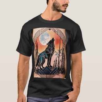 Camiseta Tatuagem Geométrica do Wolf Howling com Paisagem N