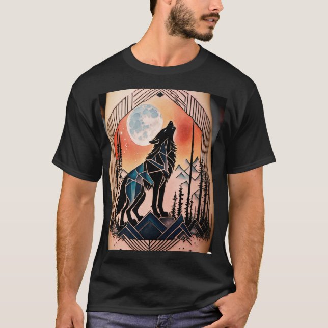 Camiseta Tatuagem Geométrica do Wolf Howling com Paisagem N (Frente)