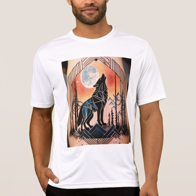 Camiseta Tatuagem Geométrica do Wolf Howling com Paisagem N (Frente)