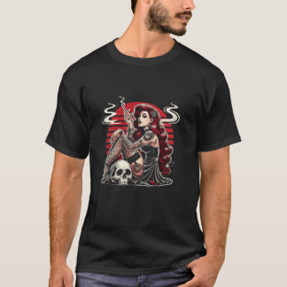 Camiseta Tatuagem Gótico Pin up Girl with Skull Vintage Hor
