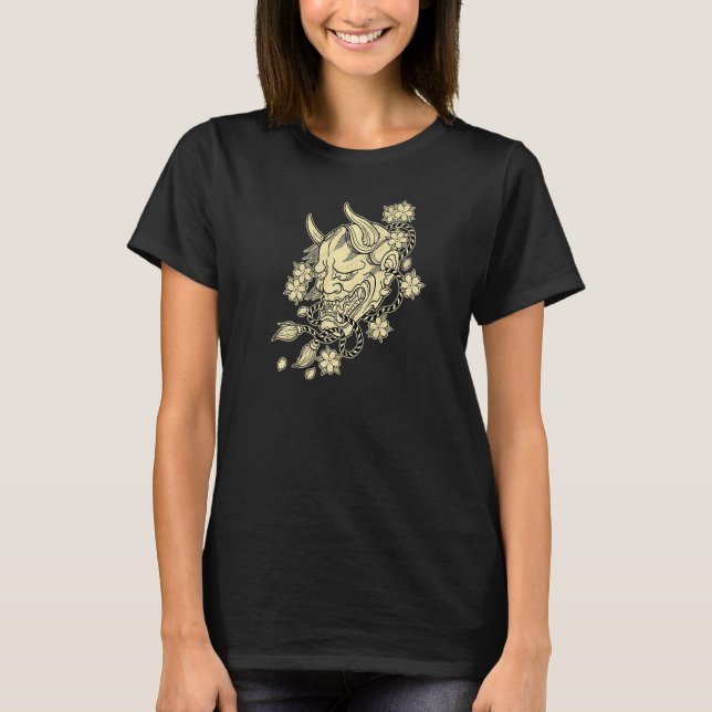 Camiseta Tatuagem Japonesa Hannya Devil Mask With Cherry Bl (Frente)