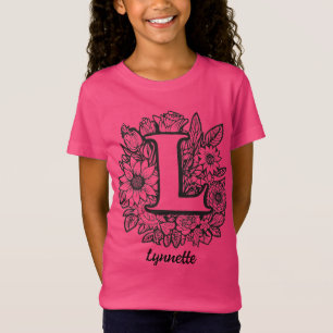 Camiseta Tatuagem Preto e Branco Flores Monograma Letra L