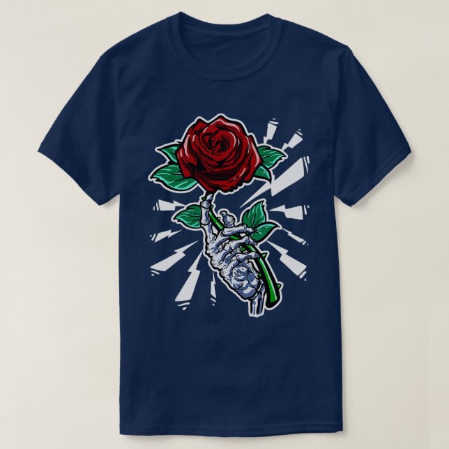 Camiseta Tatuagem Skeleton Rosa vermelha da mão Flor (Frente do Design)