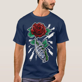 Camiseta Tatuagem Skeleton Rosa vermelha da mão Flor