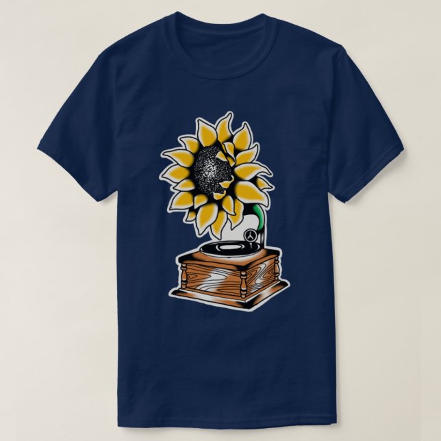 Camiseta tatuagem tradicional do gramofone de girassol (Frente do Design)