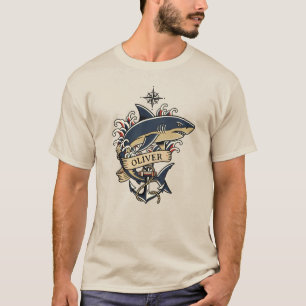 Camiseta Tatuagem Tradicional Vintage de Tubarão Âncora Náu
