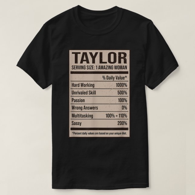 Camiseta Taylor Nutrition Facts Name Alias Title F (Frente do Design)