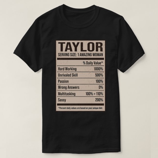 Camiseta Taylor Nutrition Facts Name Nickname Alias Title F (Frente do Design)